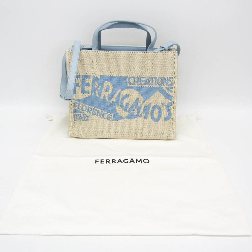 Salvatore Ferragamo Medium GG-219407 Women's Fabric,Leather Handbag,Shoulder Bag Beige,Blue — Like New