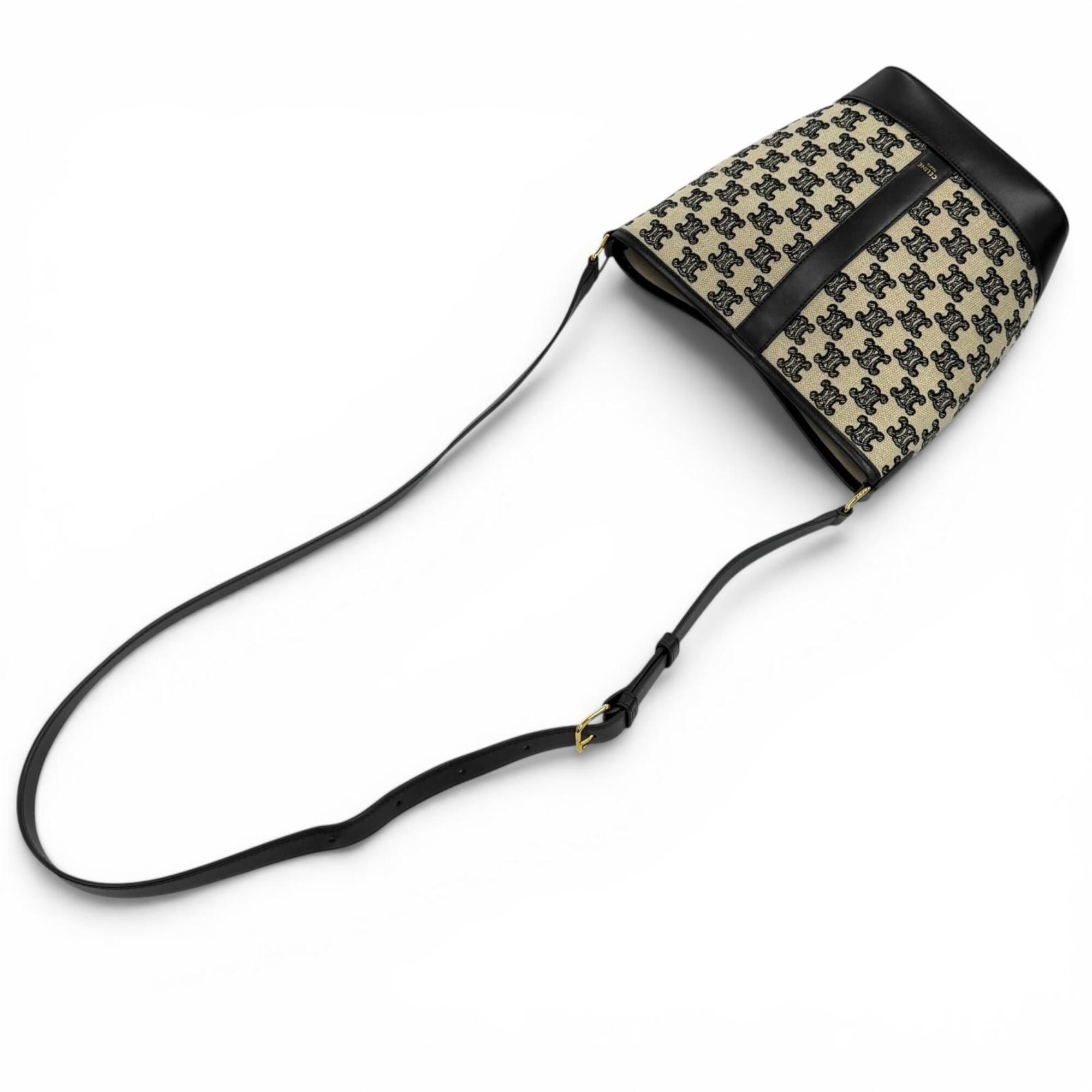 CELINE 19144 Small Bucket Triomphe Canvas & Calfskin Shoulder Bag, Off-White/Black, Made in Italy, Women's — Like New