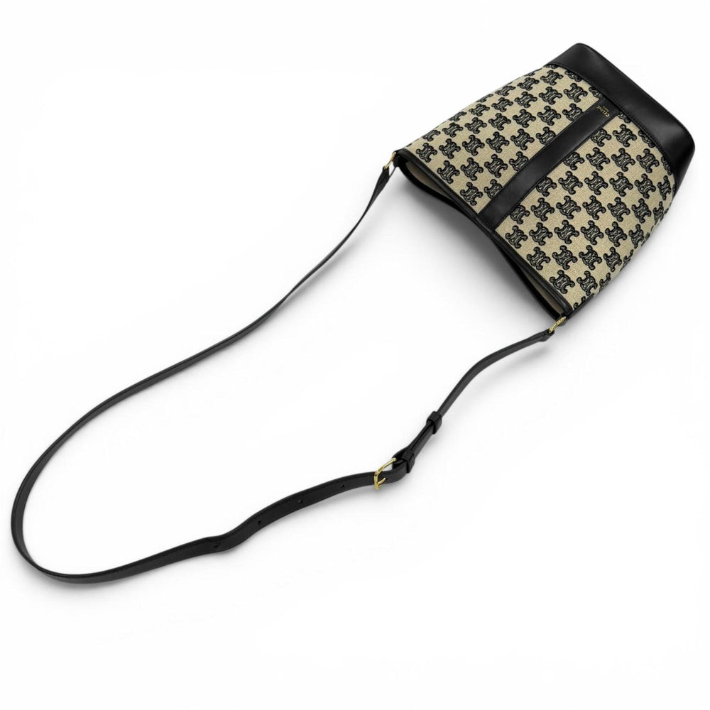 CELINE 19144 Small Bucket Triomphe Canvas & Calfskin Shoulder Bag, Off-White/Black, Made in Italy, Women's — Like New