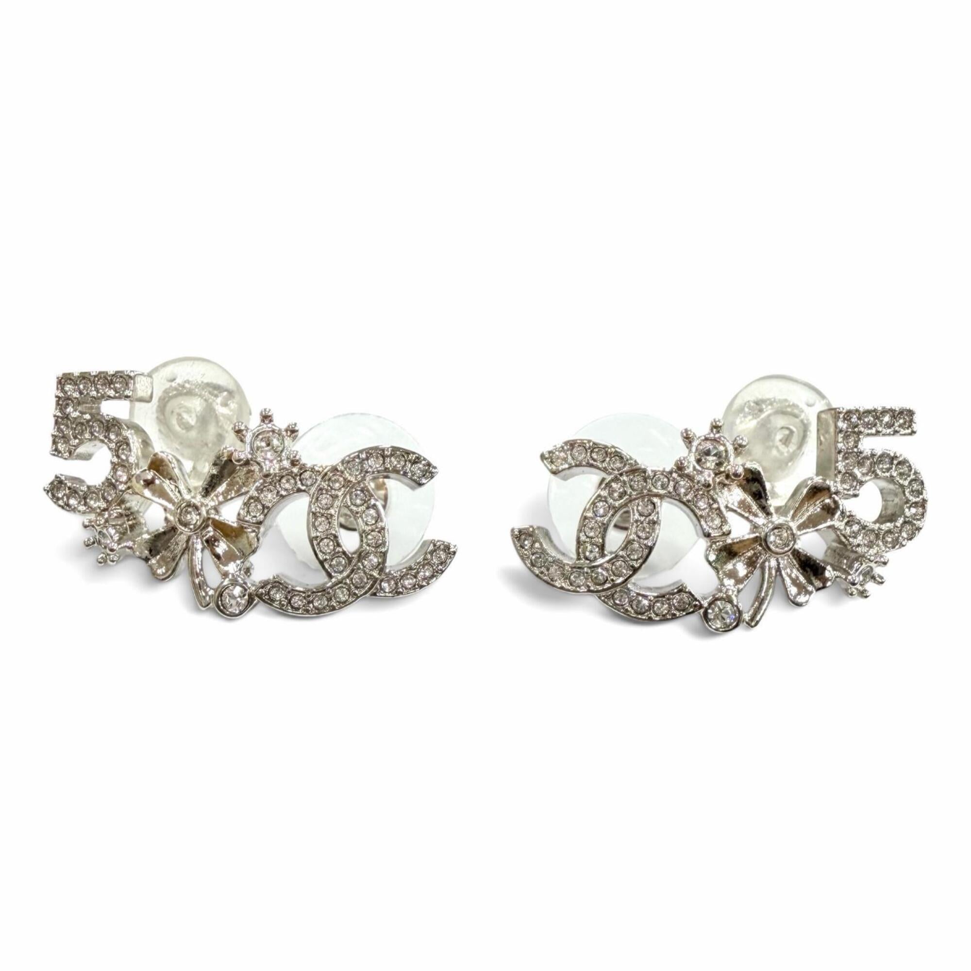 CHANEL B23P Coco Mark No. 5 Clover Rhinestone Earrings, Silver, Made in Italy, 2023 Model, Women's, with Box — Like New