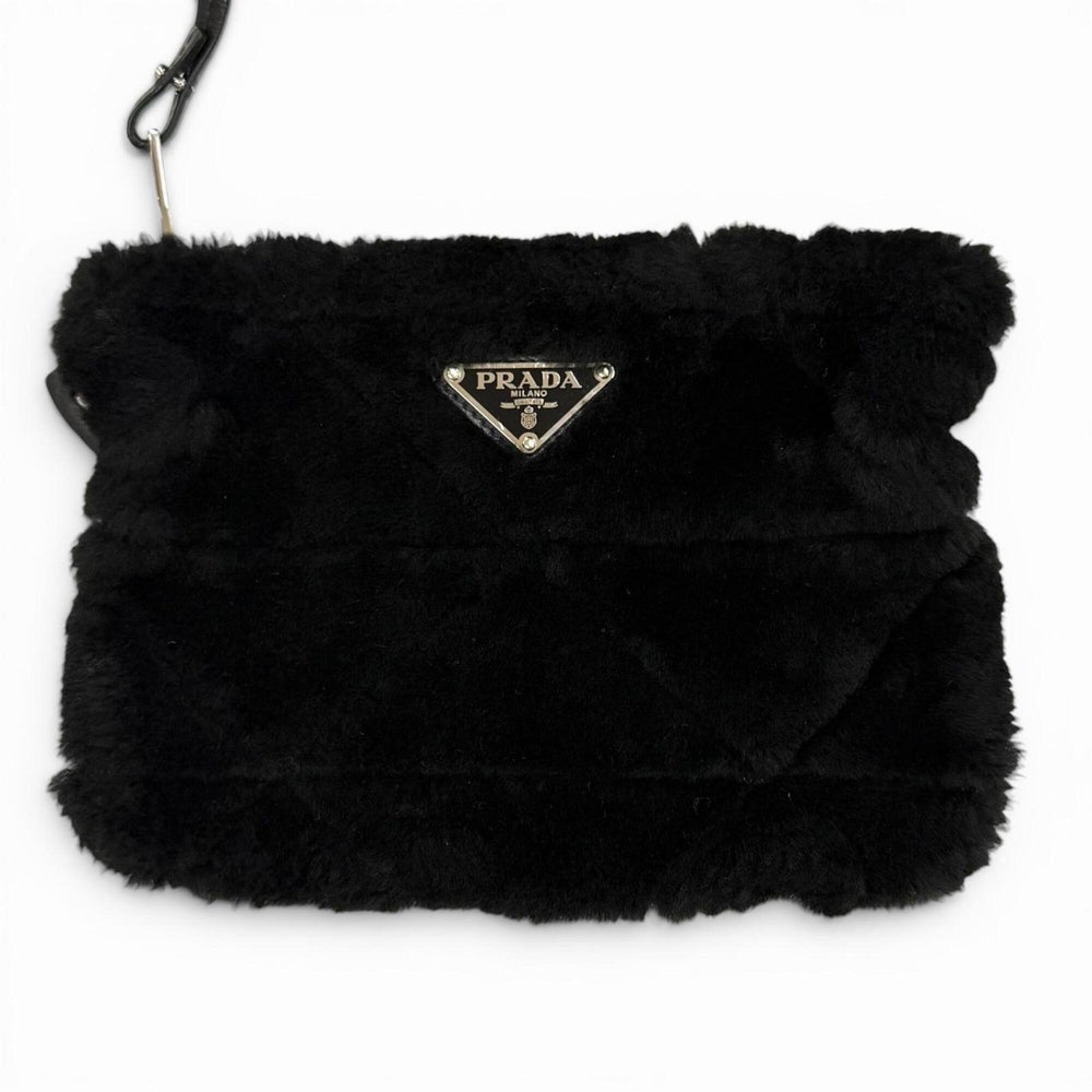 PRADA 1BG378 Triangle Logo 2-Way Shearling Fur Shoulder Bag with Pouch, Black, Made in Italy, Women's, Dust — Like New