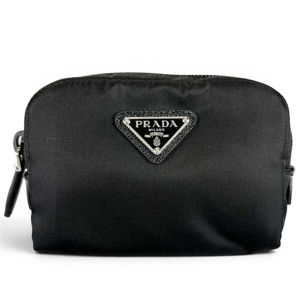 PRADA Re-Nylon Triangle Logo Cosmetic Pouch, Nylon Black, Made in Italy, Women's, with Box — Like New