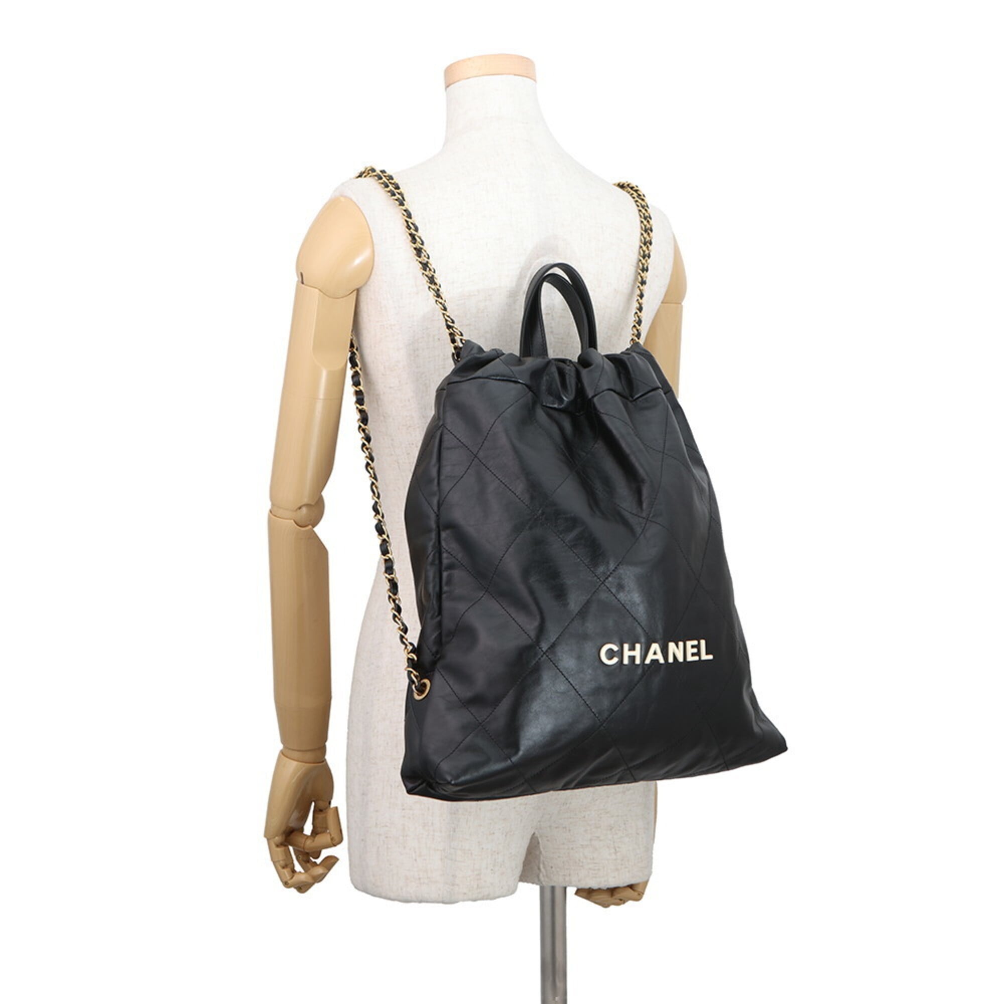 Chanel Backpack, 22 Large, Shiny Calf Leather AS3313, CHANEL Handbag, Black, Women's — Like New
