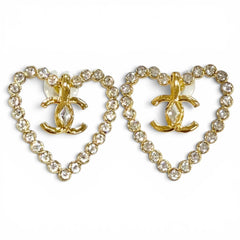 CHANEL L23C AB9926 Coco Mark Heart Crystal Rhinestone Earrings (Pair) Gold, Made in Italy, Women's, with Box — Like New