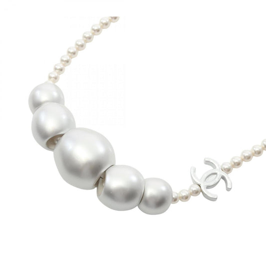Chanel Coco Mark Necklace in Stainless Steel with Faux Pearls, Silver and Ivory, ABE925