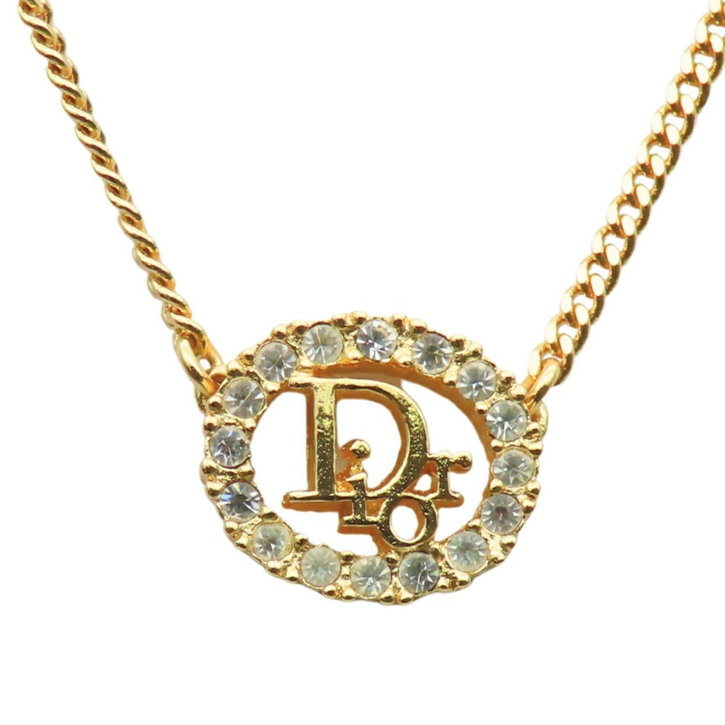 Christian Dior Necklace, Metal, Rhinestone, Gold Plated, GP, Women's,