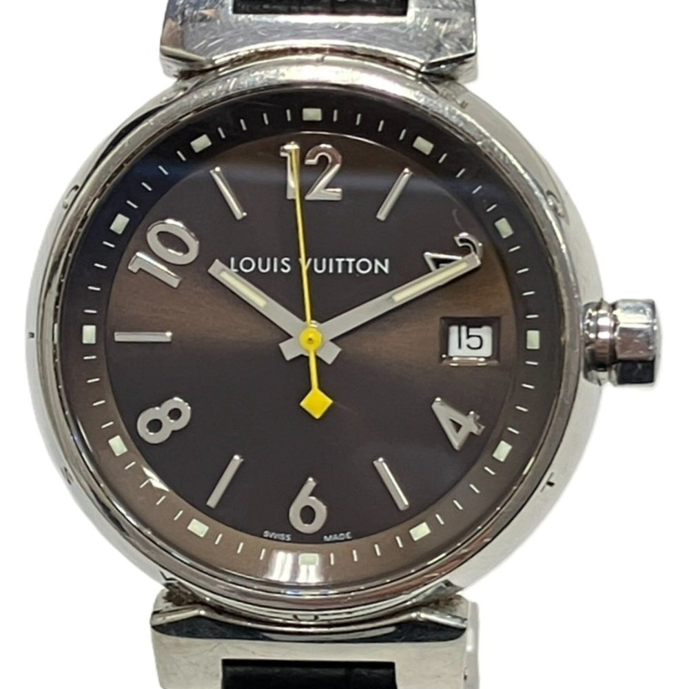 Louis Vuitton Tambour Q1311 Watch, Total Weight 49.5g, Stainless Steel, Genuine Leather Strap, Quartz Movement, Brown Dial — Good