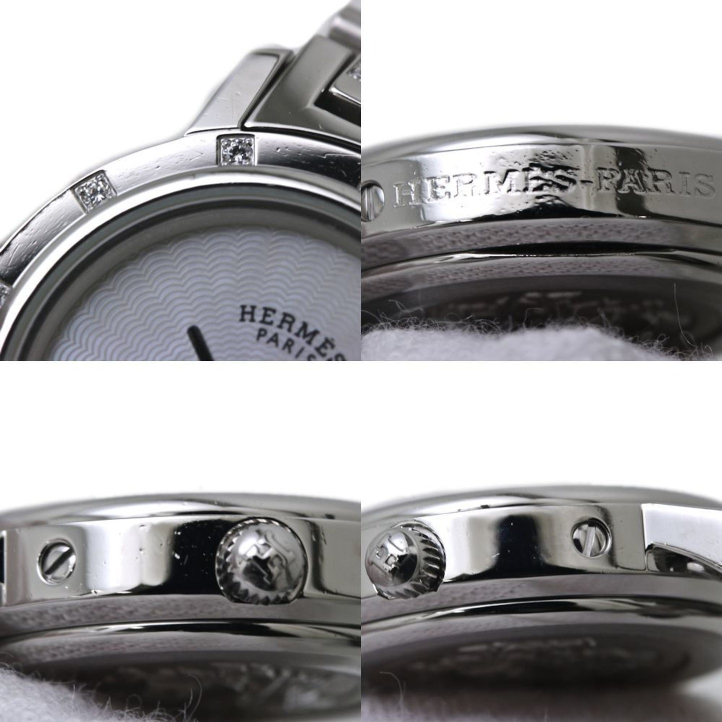 HERMES Clipper Nakreh (old buckle) women's watch CL4.230.215 3869 with 12 diamond bezel and bracelet in stainless steel (40047)