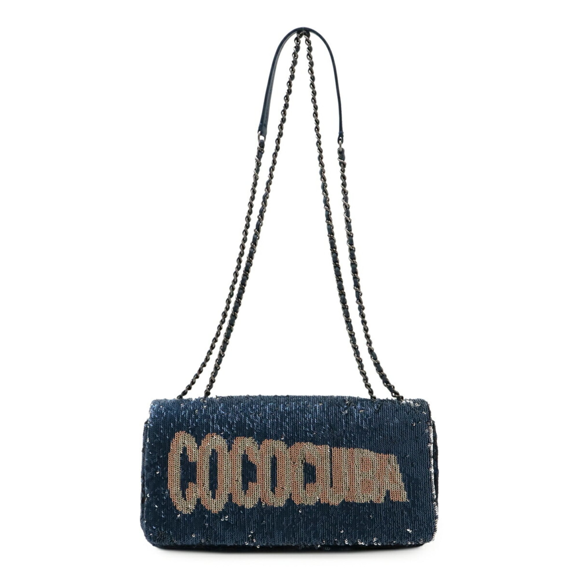 CHANEL COCOCUBA Sequin Chain Shoulder Bag Leather Blue — Like New