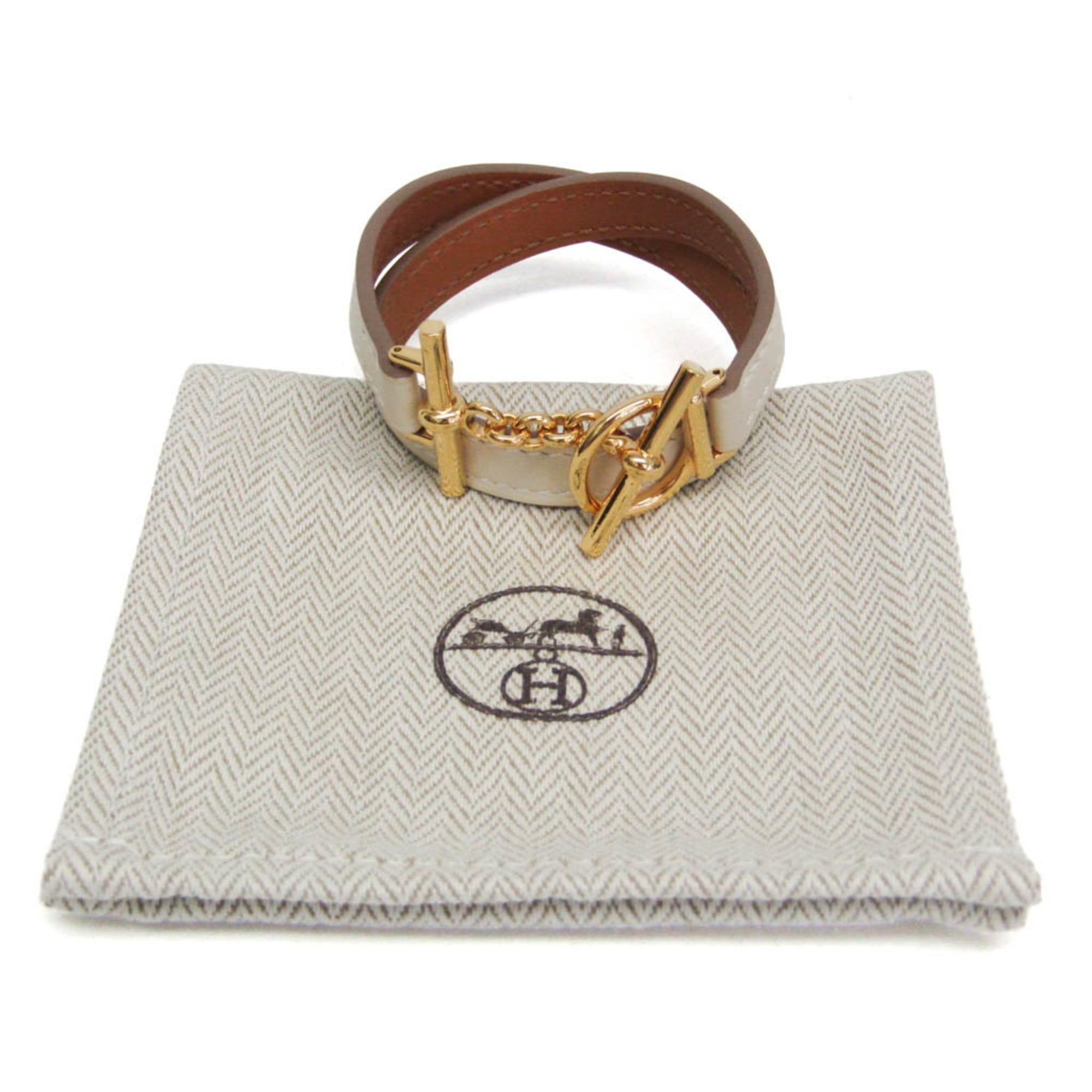 Hermes Croisière Double Tour Metal,Swift Leather Wrap Bracelet Off-white,Yellow Gold — Like New