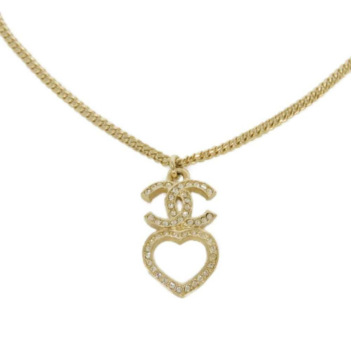 Chanel necklace, Coco Mark, heart, crystal, costume pearl, rhinestone, metal, F23B, CC mark, clear, ABB651, women's — Like New
