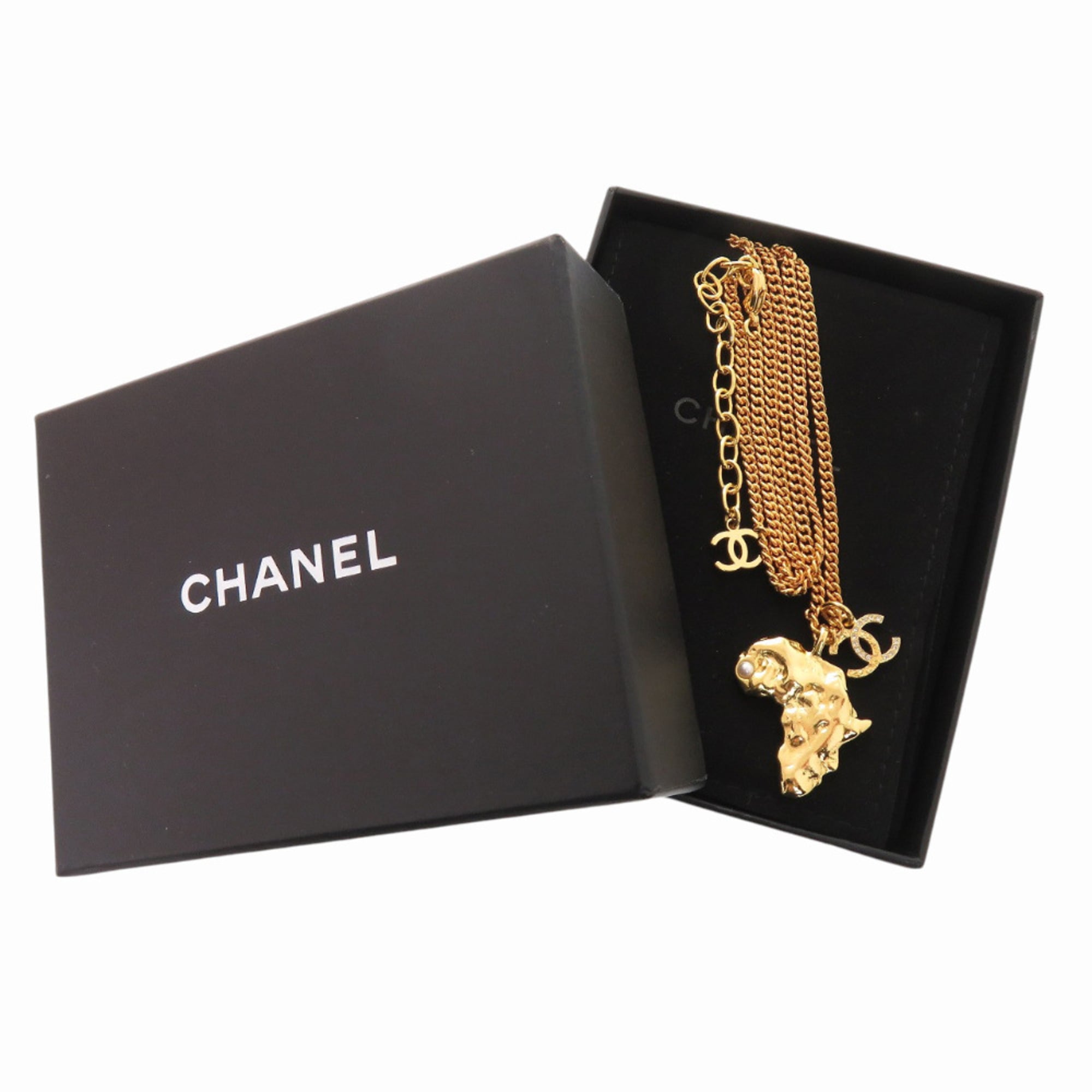 Chanel Coco Mark African Continent Motif Metal Faux Pearl Rhinestone Gold Necklace 0357CHANEL — Like New
