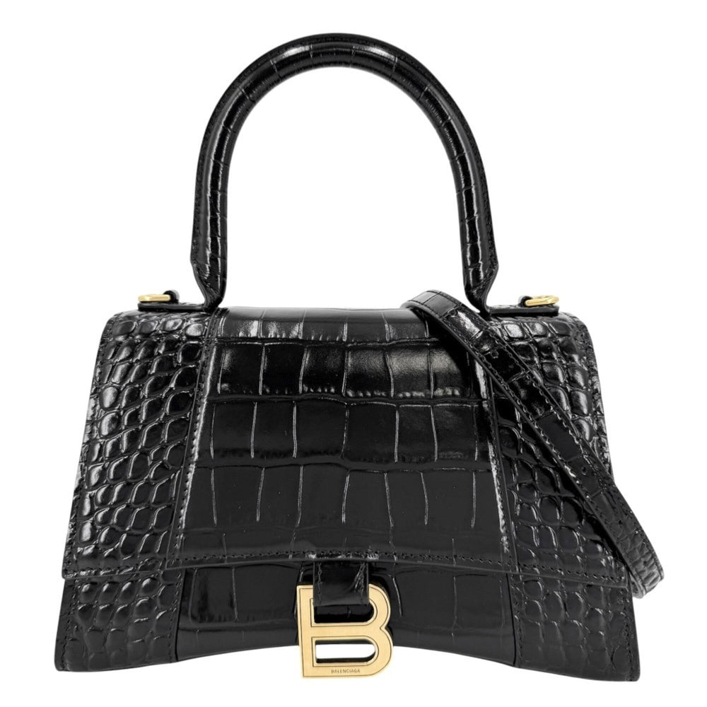Balenciaga Women's Hourglass Small Handbag Shoulder Bag Crossbody HOURGLASS Crocodile Embossed Leather Top Handle BALENCIAGA 593546 Black Antique Gold Hardware — Like New