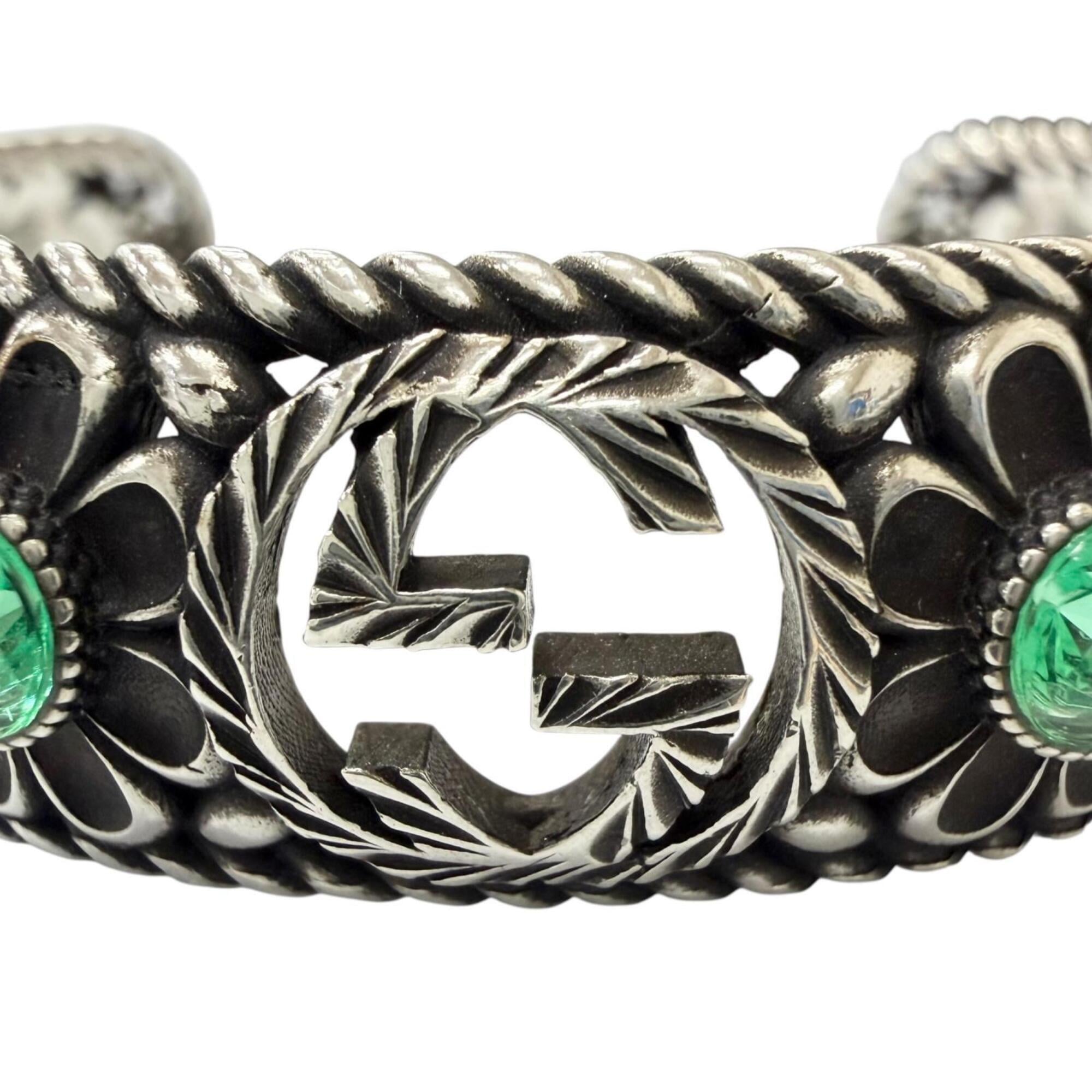 GUCCI AG925 Rhinestone Crystal Floral Interlocking G Bangle Bracelet, Silver Green, Size 16, Made in Italy, Weight 26.2g, Men's — Like New