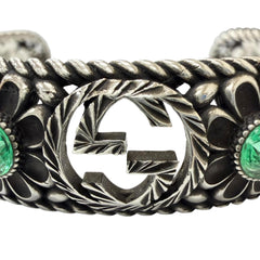 GUCCI AG925 Rhinestone Crystal Floral Interlocking G Bangle Bracelet, Silver Green, Size 16, Made in Italy, Weight 26.2g, Men's — Like New