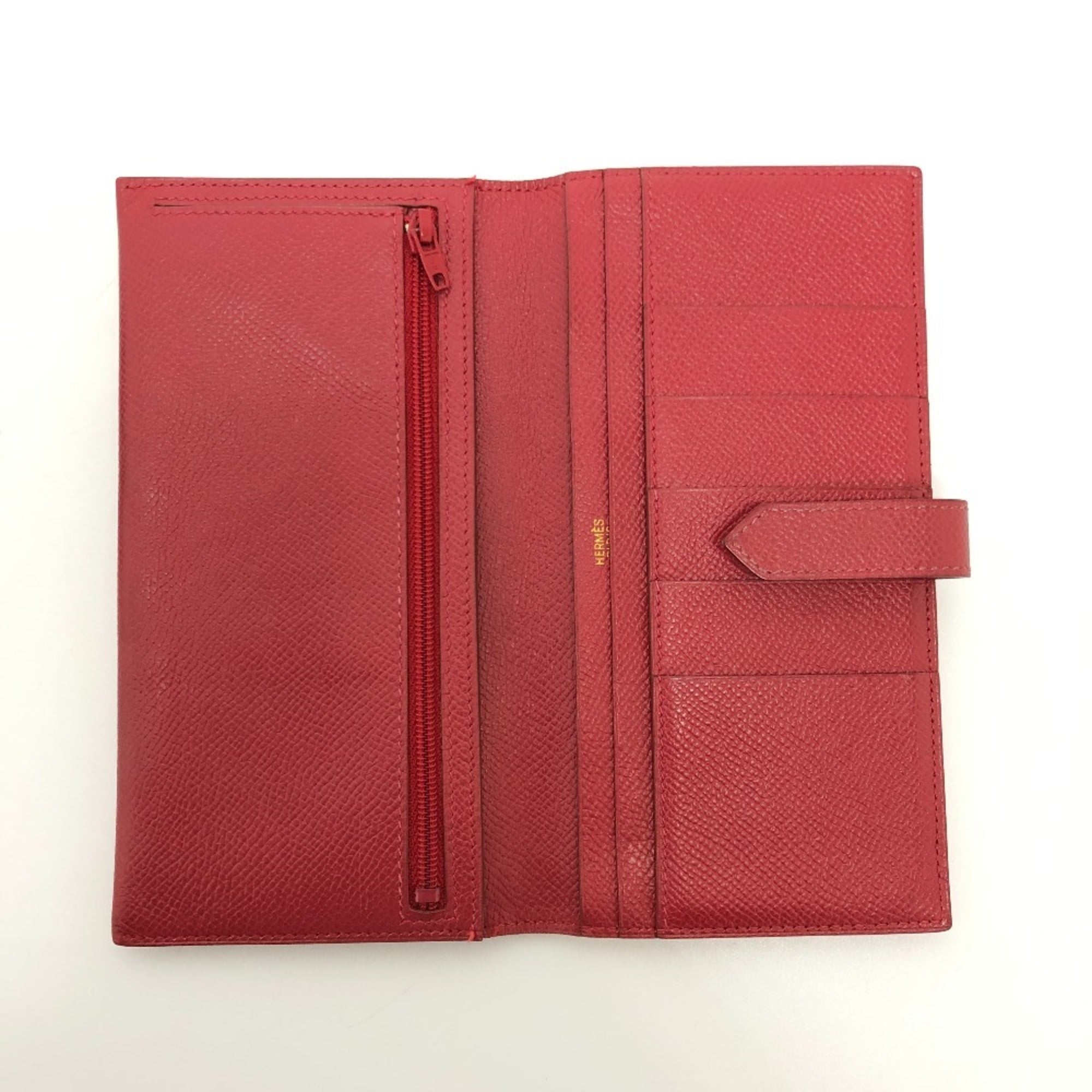 HERMES Bearn Soufflet Bifold Long Wallet, Women's, Red