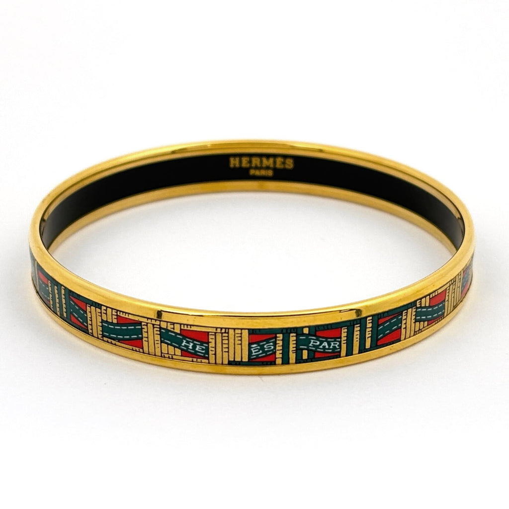 Hermes enamel PM cloisonné bangle in GP gold and green for women