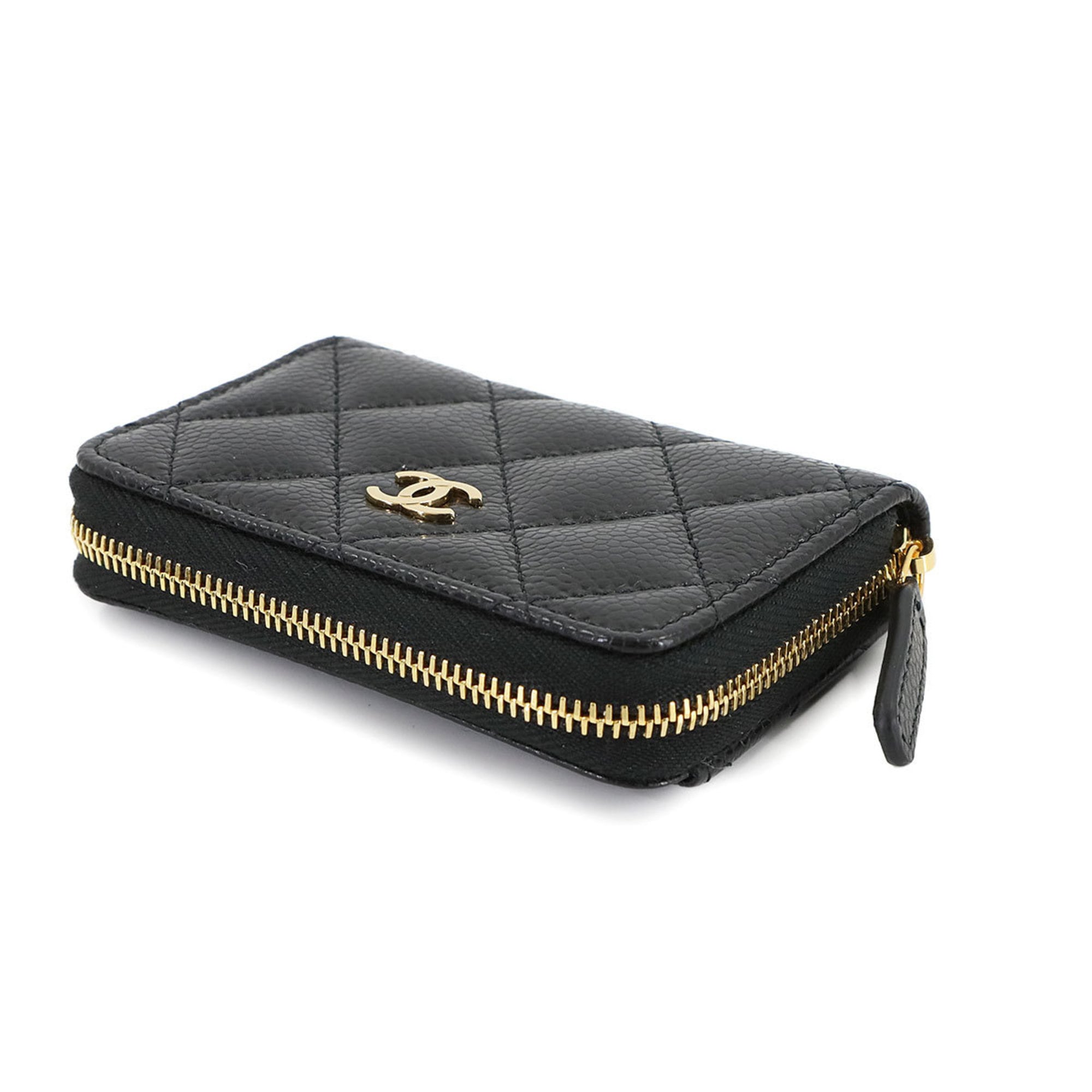 CHANEL Matelasse Classic Zip Coin Purse, Caviar Leather, Black, Coco Mark, Gold Hardware, AP0216