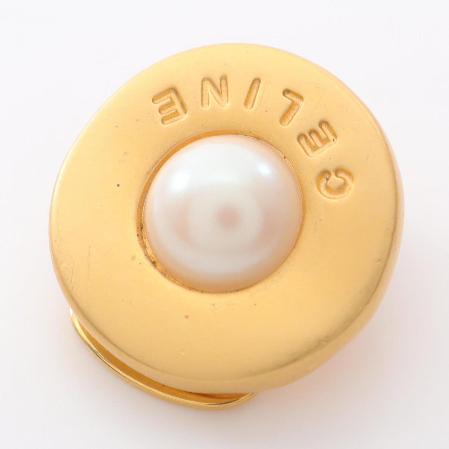 Celine logo earrings with gold-plated faux pearls for women in gold and white.