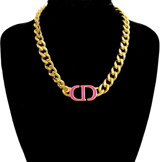 Christian Dior CD logo motif GP chain necklace pendant in gold and pink (09185)