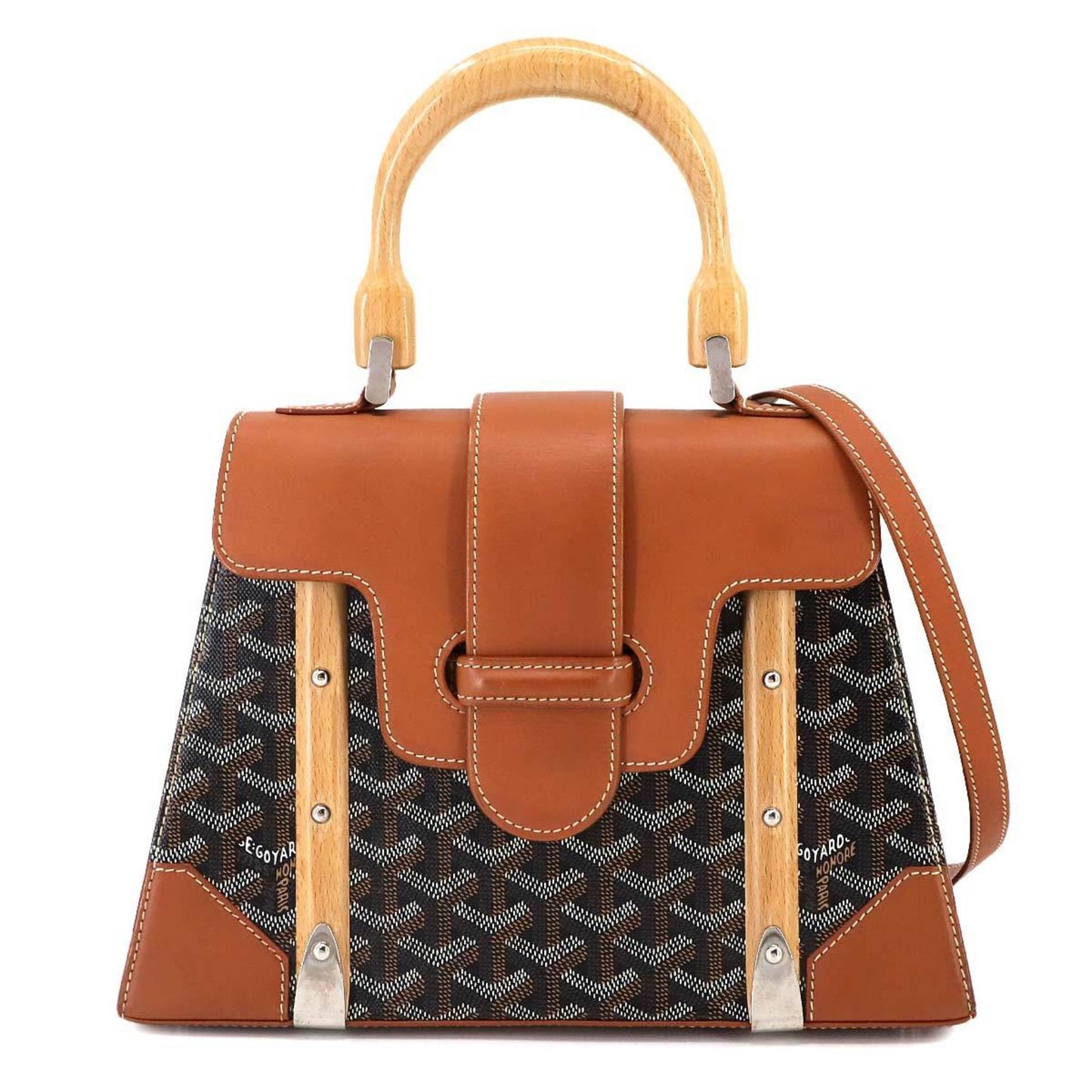 Goyard Saigon PM 2-way hand/shoulder bag in PVC, leather, wood, black, brown, and herringbone.