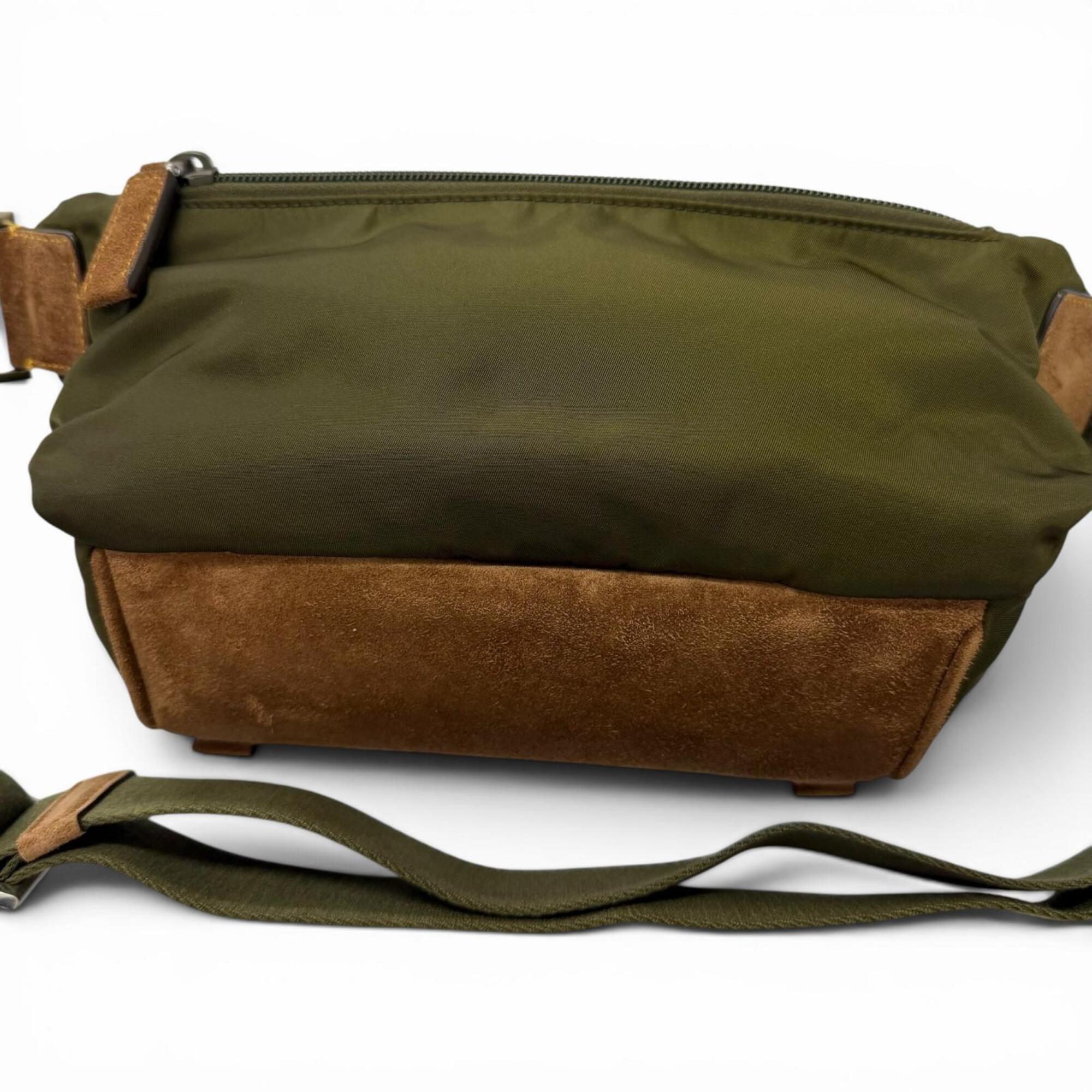 PRADA 2VH171 Re-Nylon Suede Leather Triangle Logo Body Bag, Khaki Brown, Made in Italy, Men's, with Dust Bag — Like New