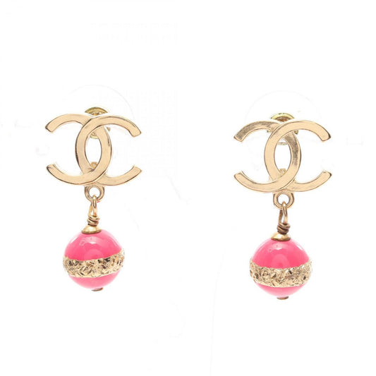 CHANEL Coco Mark Earrings, Gold Plated, Women's, and Pink