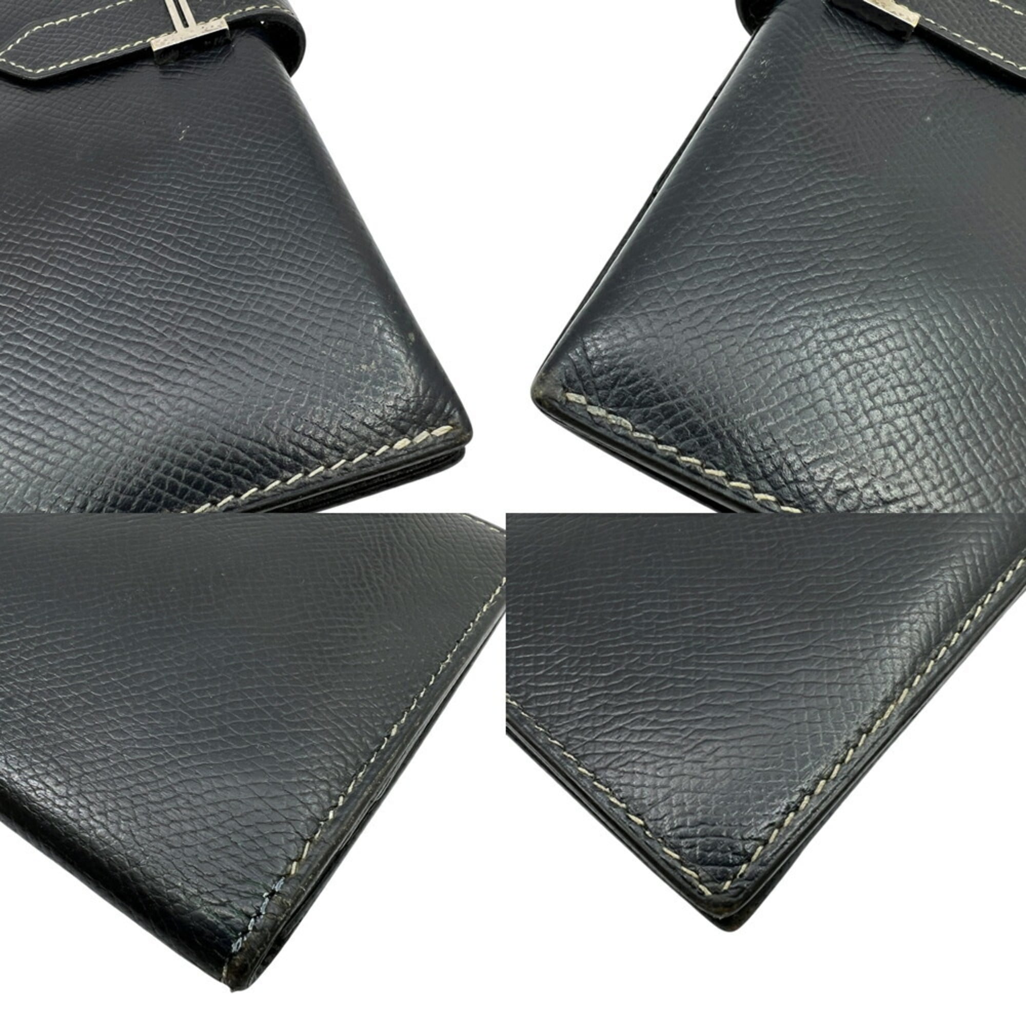 HERMES Bearn Classic Long Wallet, Couchvel, Navy Blue, E Stamp, Made in 2001, Men's and Women's