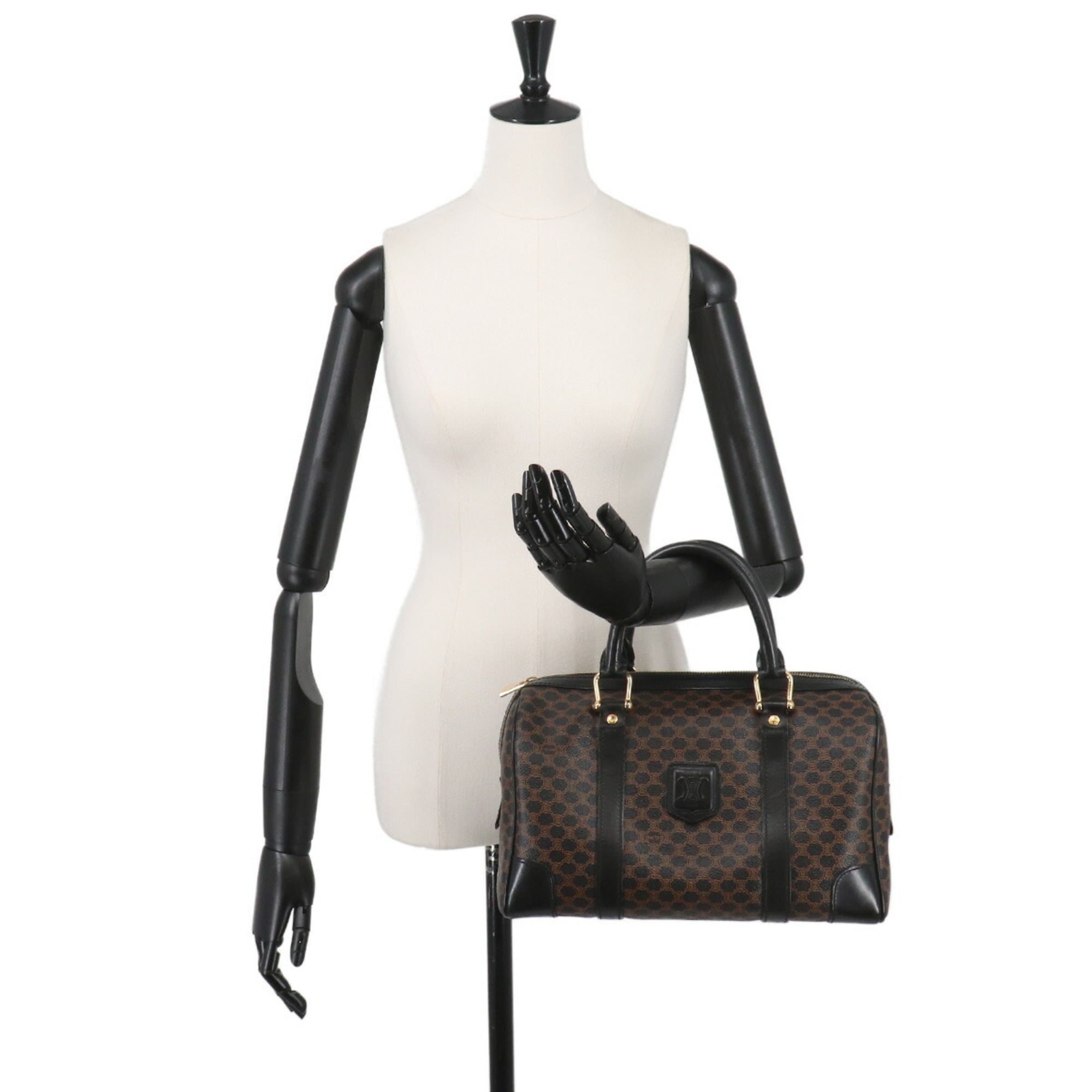 Celine Macadam Boston Handbag, Leather, Black/Brown, Gold Hardware — Like New
