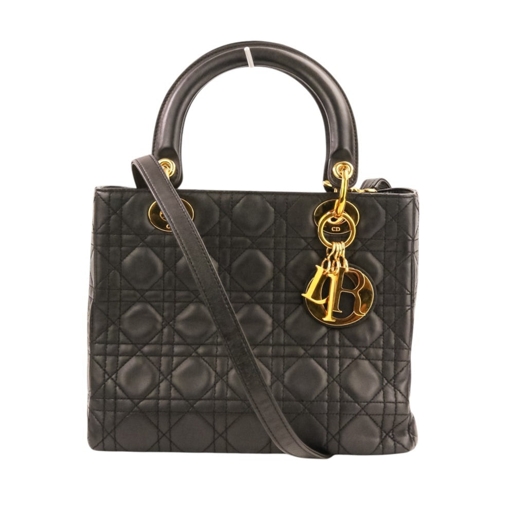 Christian Dior Lady Cannage Leather 2-way Handbag/Shoulder Bag, Black, Women's — Like New