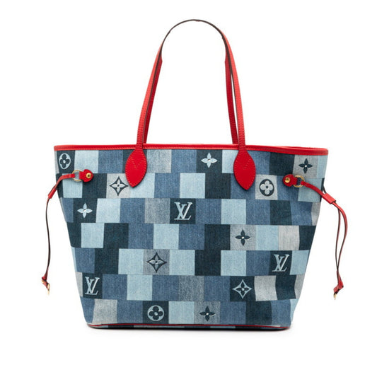 Louis Vuitton Monogram Denim Neverfull MM Shoulder Bag Tote M44981 Blue Red Leather Women's LOUIS VUITTON