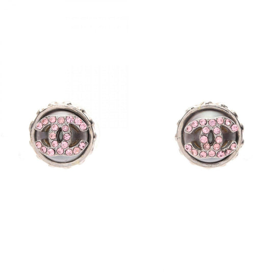CHANEL Coco Mark Earrings, Stainless Steel with Rhinestones, Women's, Silver and Pink