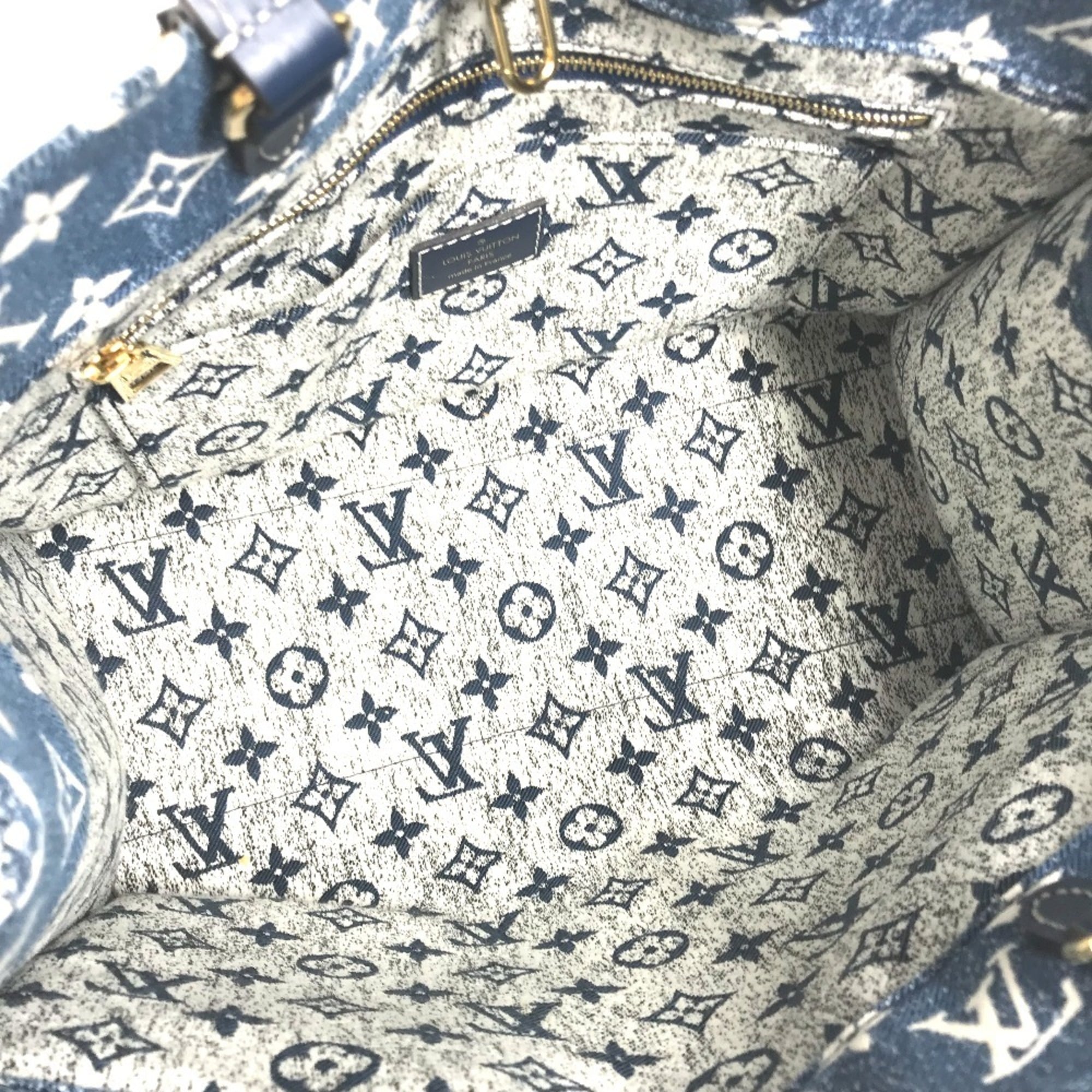 LOUIS VUITTON M59608 Monogram Denim Jacquard On the Go MM Bag Tote Shoulder Canvas Leather Women's Marine Blue D-240804-17 — Like New