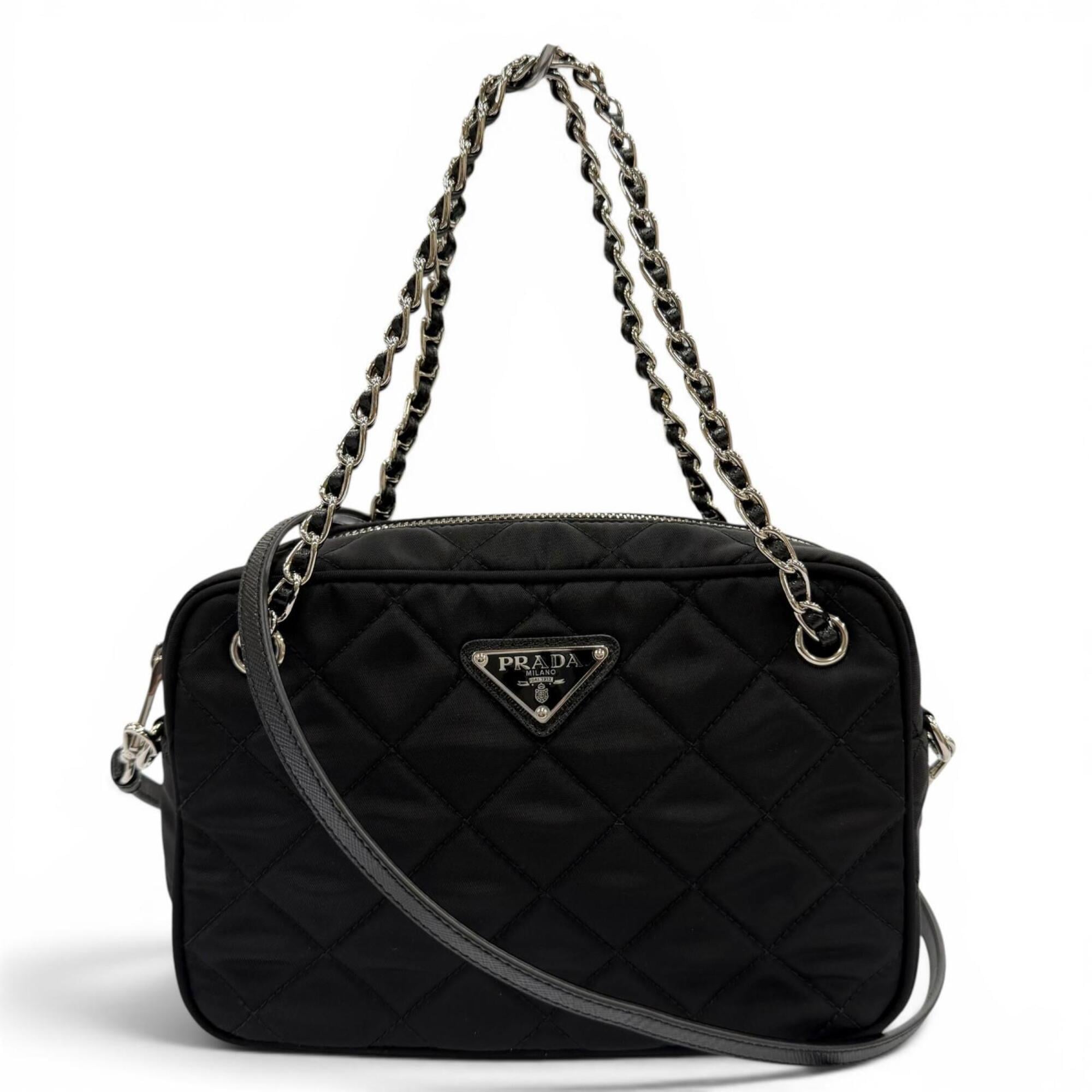 PRADA 1BH910 Tessuto Inpunto Triangle Logo Leather 2-Way Handbag/Shoulder Bag Black Silver Hardware Women's — Like New