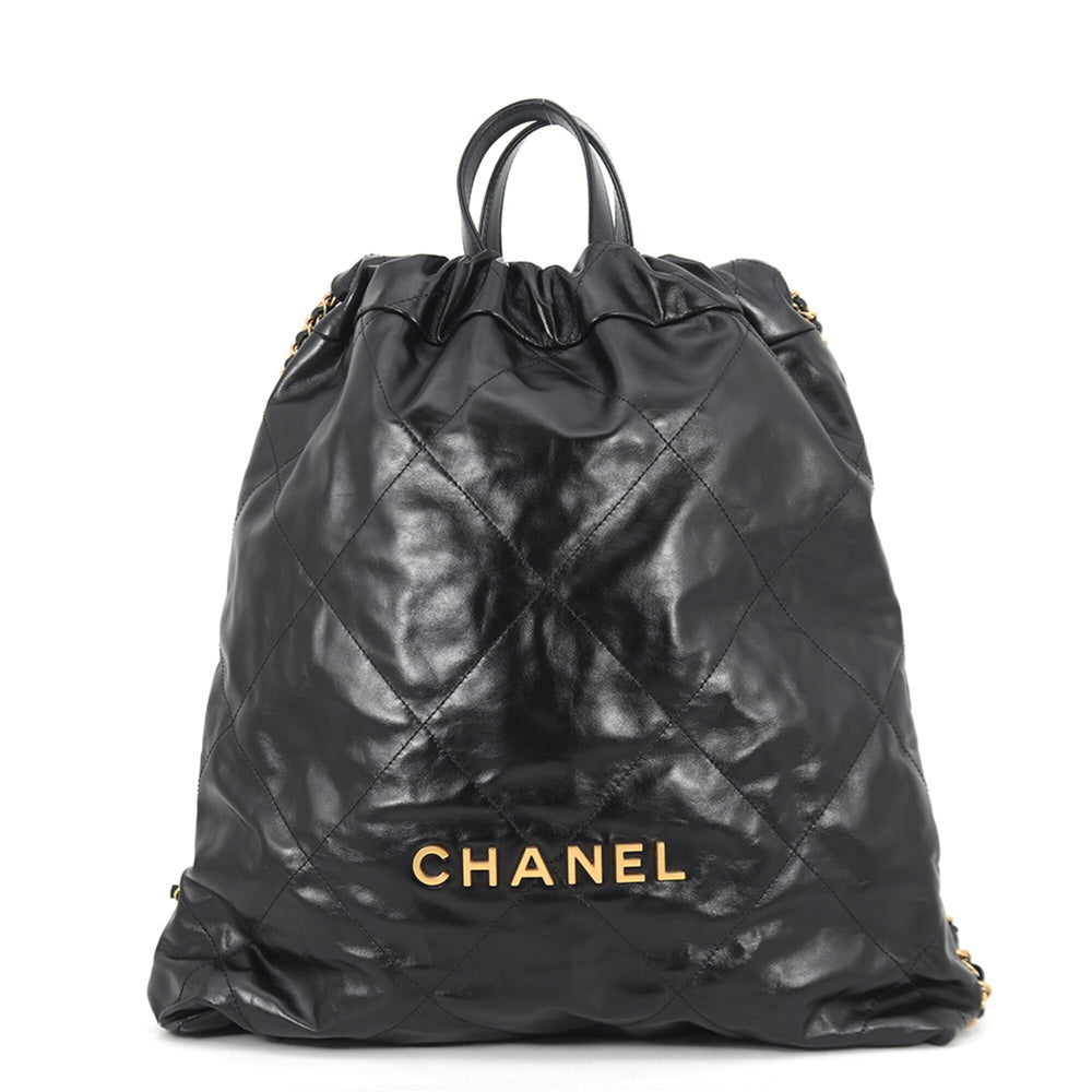 Chanel Backpack, 22 Large, Shiny Calf Leather AS3313, CHANEL Handbag, Black, Women's — Like New