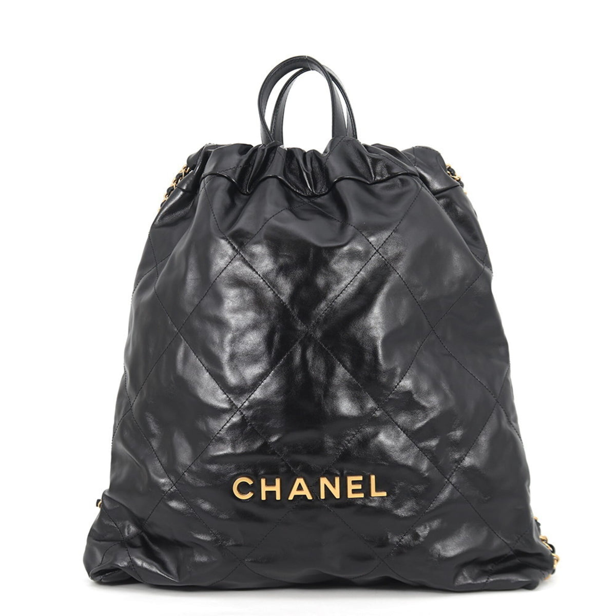 Chanel Backpack, 22 Large, Shiny Calf Leather AS3313, CHANEL Handbag, Black, Women's — Like New