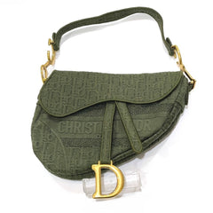 Christian Dior Oblique SADDLE Embroidered Saddle Bag Shoulder Handbag Canvas Women's Khaki — Like New