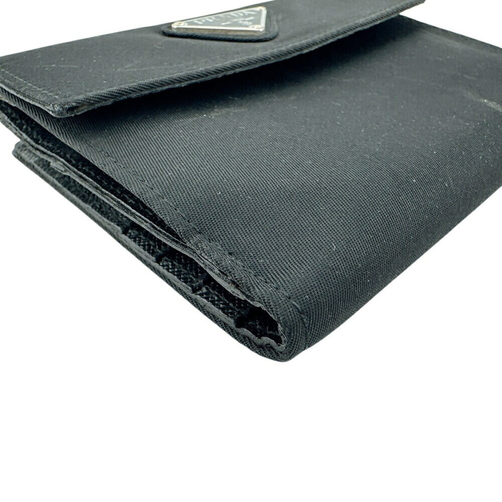 PRADA M523 Triangle Plate W Tessuto Bi-fold Wallet Black Unisex