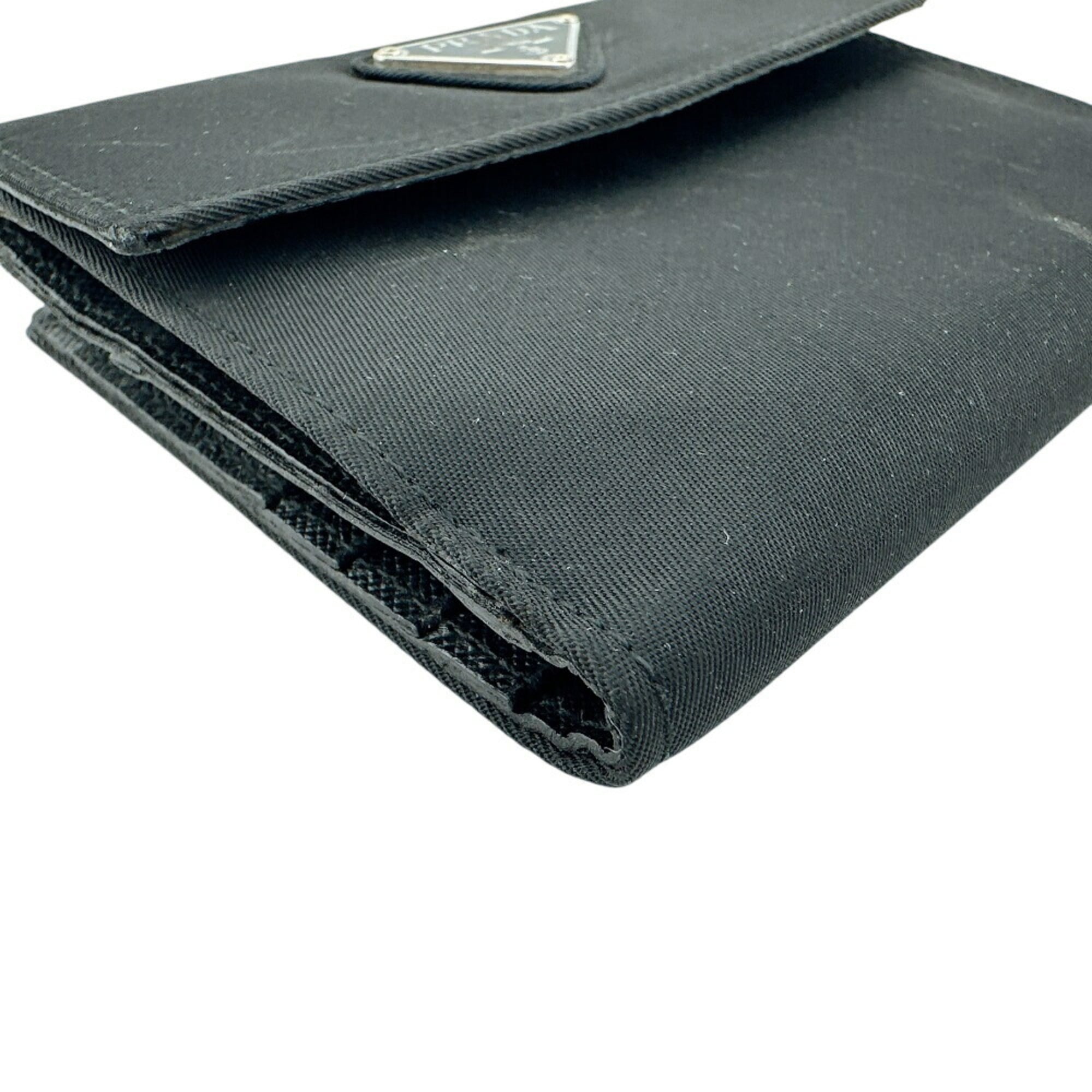 PRADA M523 Triangle Plate W Tessuto Bi-fold Wallet Black Unisex