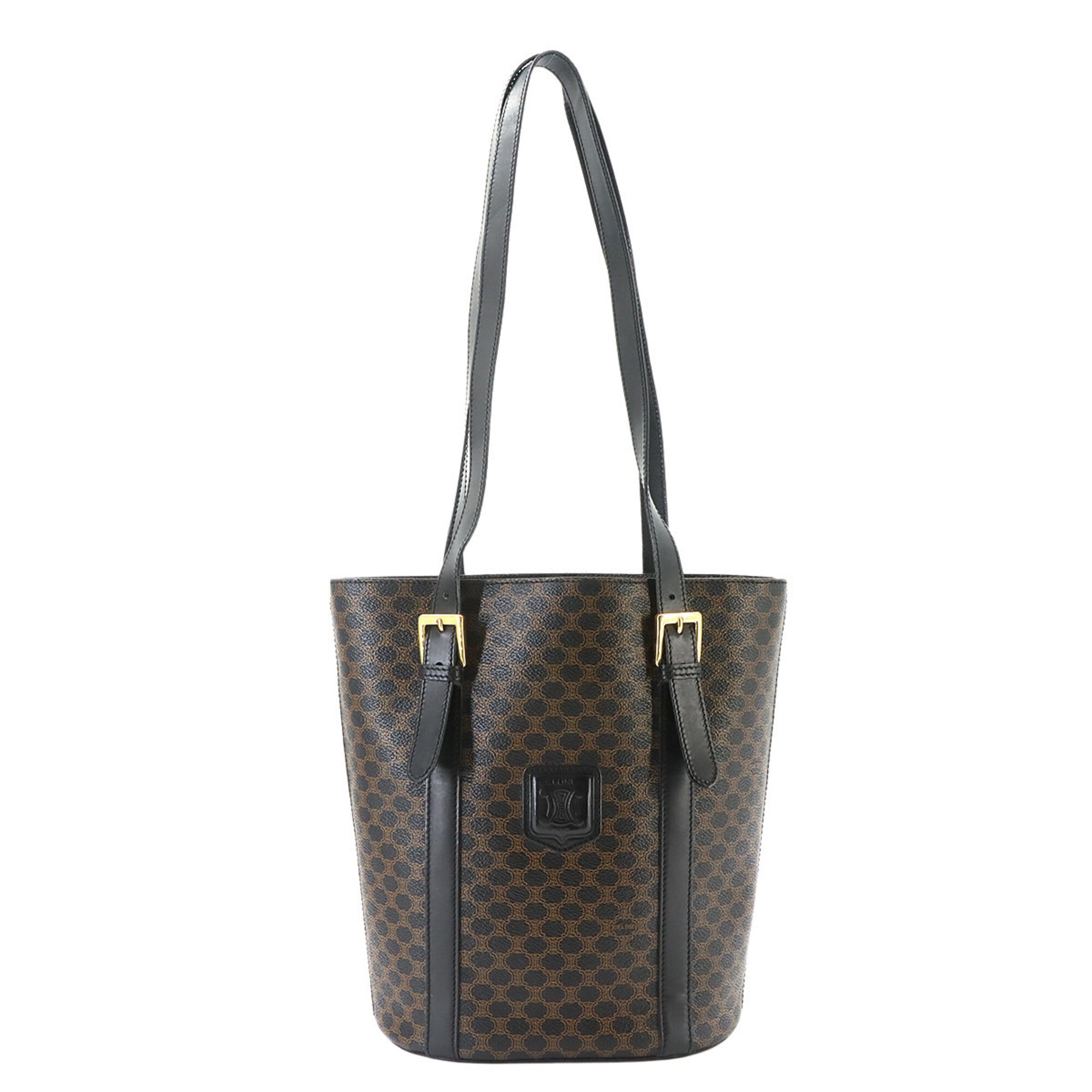 Celine Macadam Tote Handbag, Black/Brown Leather, Gold Hardware — Like New