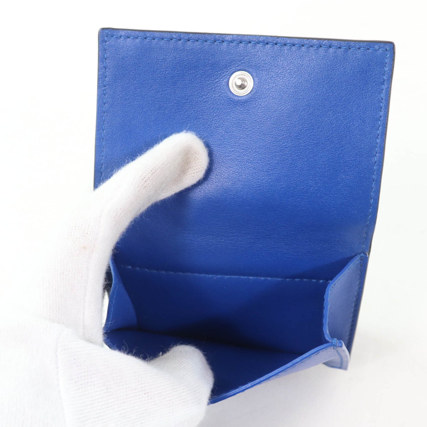 BOTTEGA VENETA Leather Intrecciato Tiny Tri-fold Wallet, Compact Black/Blue, Box and Dust Bag Included, Made in Italy, Women's