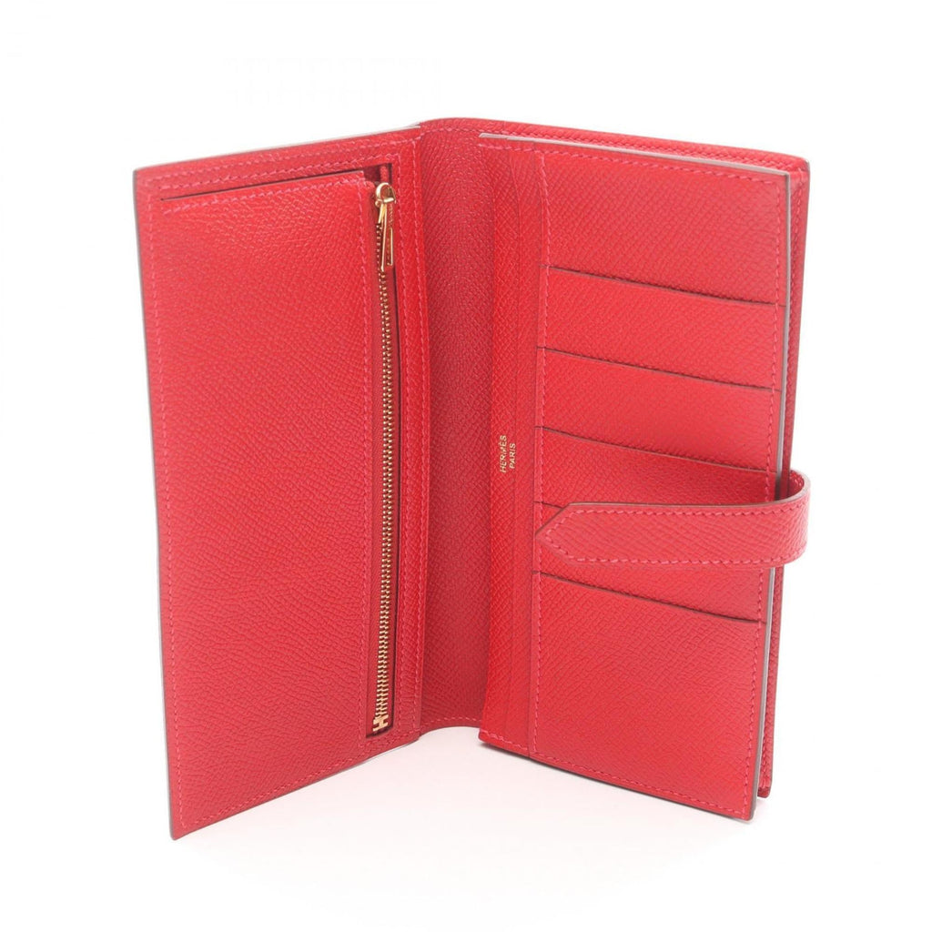 Hermes Hermès Bearn Soufflet Bi-fold Long Wallet in Calfskin Leather (Cowhide) with Epsom Leather, Red, for Women