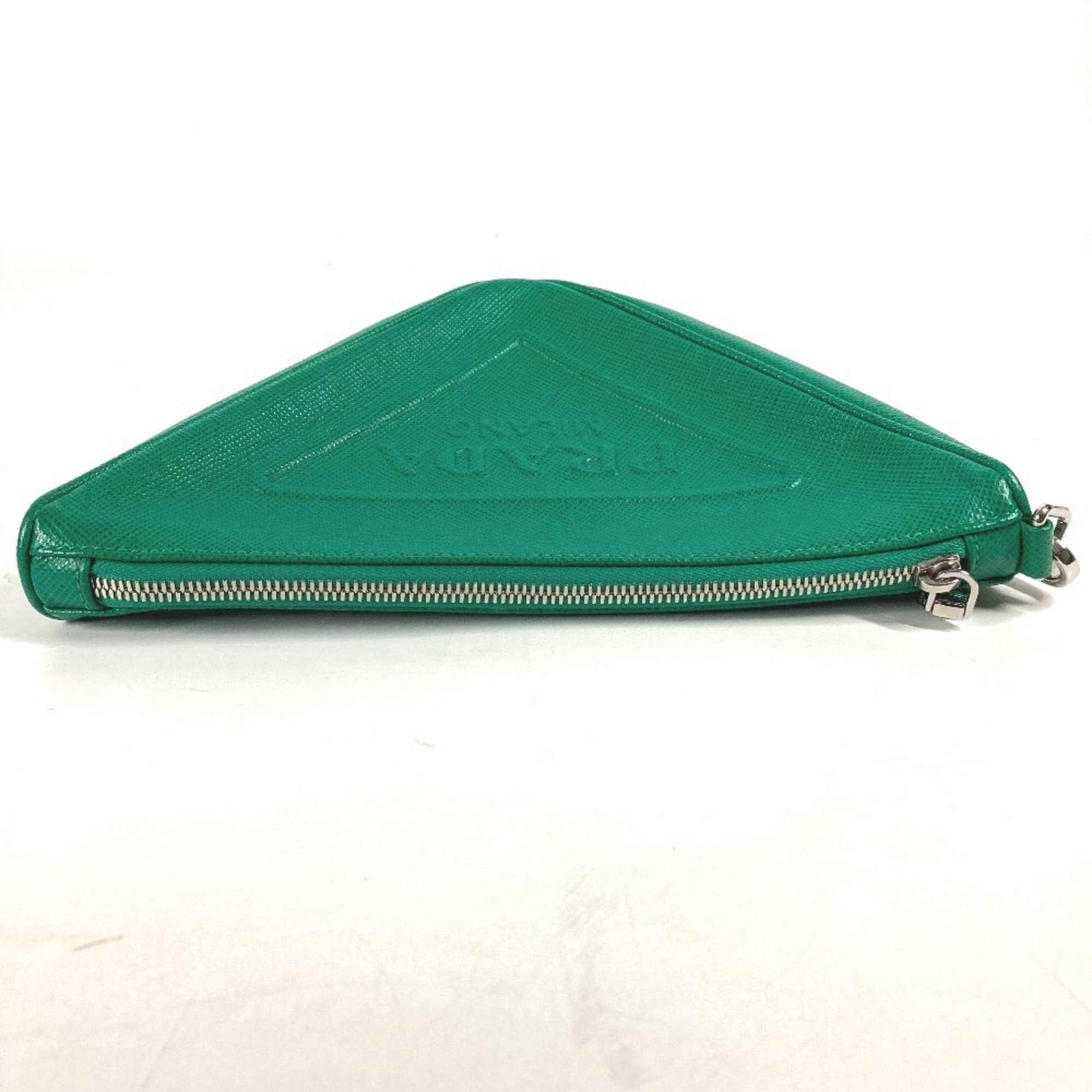 PRADA 2NE054 Embossed Triangle Plate Pouch Clutch Bag with Strap Saffiano Leather Men's Green — Like New