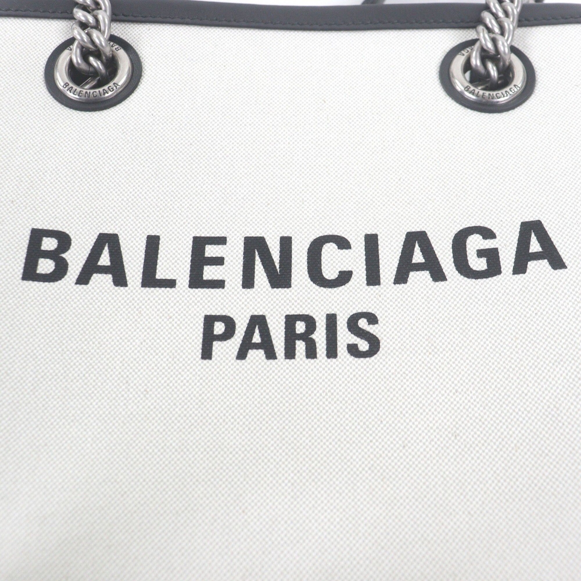 BALENCIAGA 759941 DUTY FREE TOTE S Canvas Leather Logo Print Chain Shoulder Handbag Light Beige Black Comes with Dust Bag Made in Italy Women's — Like New