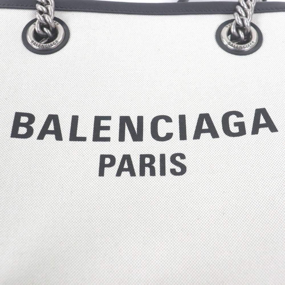 BALENCIAGA 759941 DUTY FREE TOTE S Canvas Leather Logo Print Chain Shoulder Handbag Light Beige Black Comes with Dust Bag Made in Italy Women's — Like New