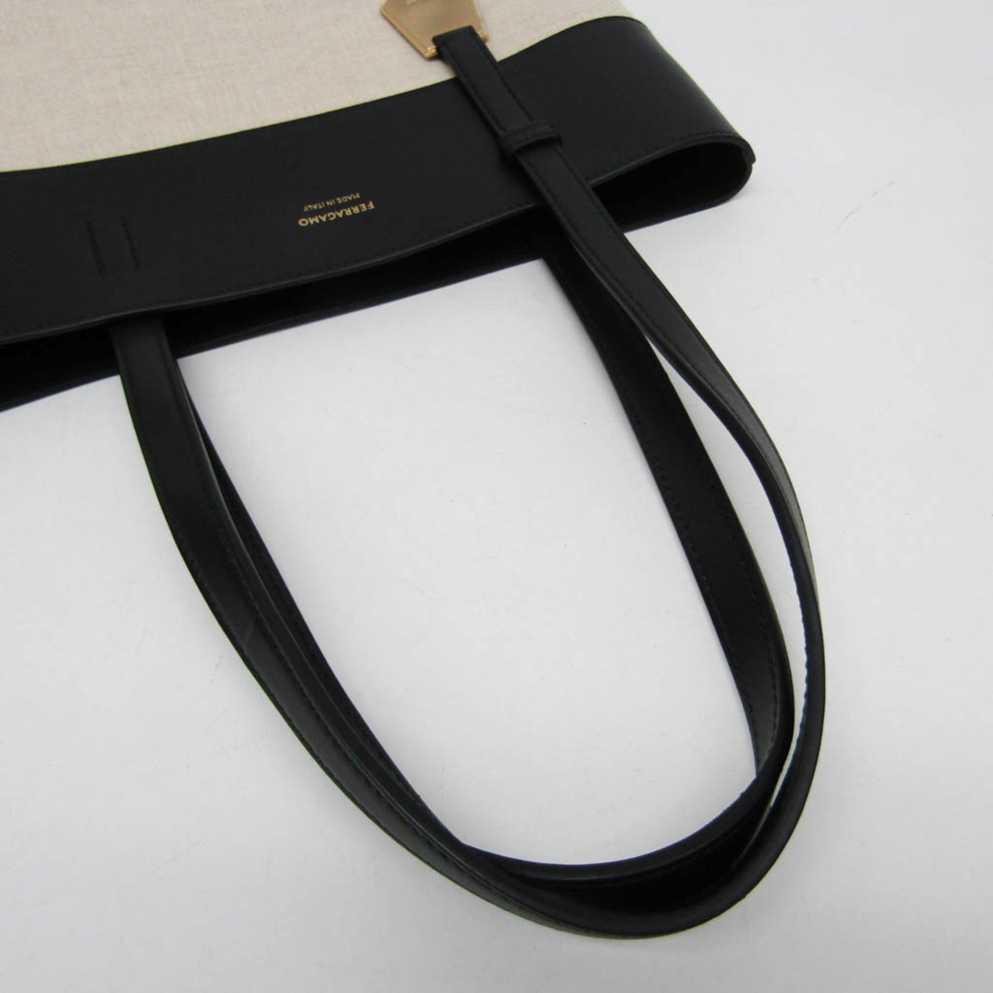 Salvatore Ferragamo Charming Tote Bag AU-21/7533 Women's Leather,Canvas Shoulder Bag,Tote Bag Black,Light Brown — Like New