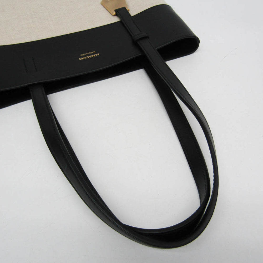 Salvatore Ferragamo Charming Tote Bag AU-21/7533 Women's Leather,Canvas Shoulder Bag,Tote Bag Black,Light Brown — Like New
