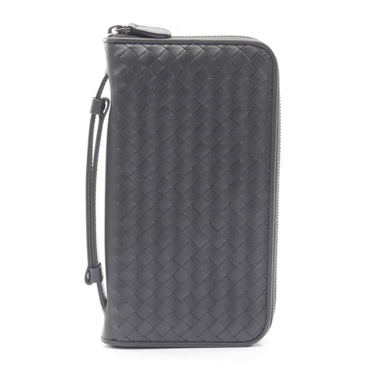 Bottega Veneta Intrecciato Leather Round Long Wallet for Men, Gray