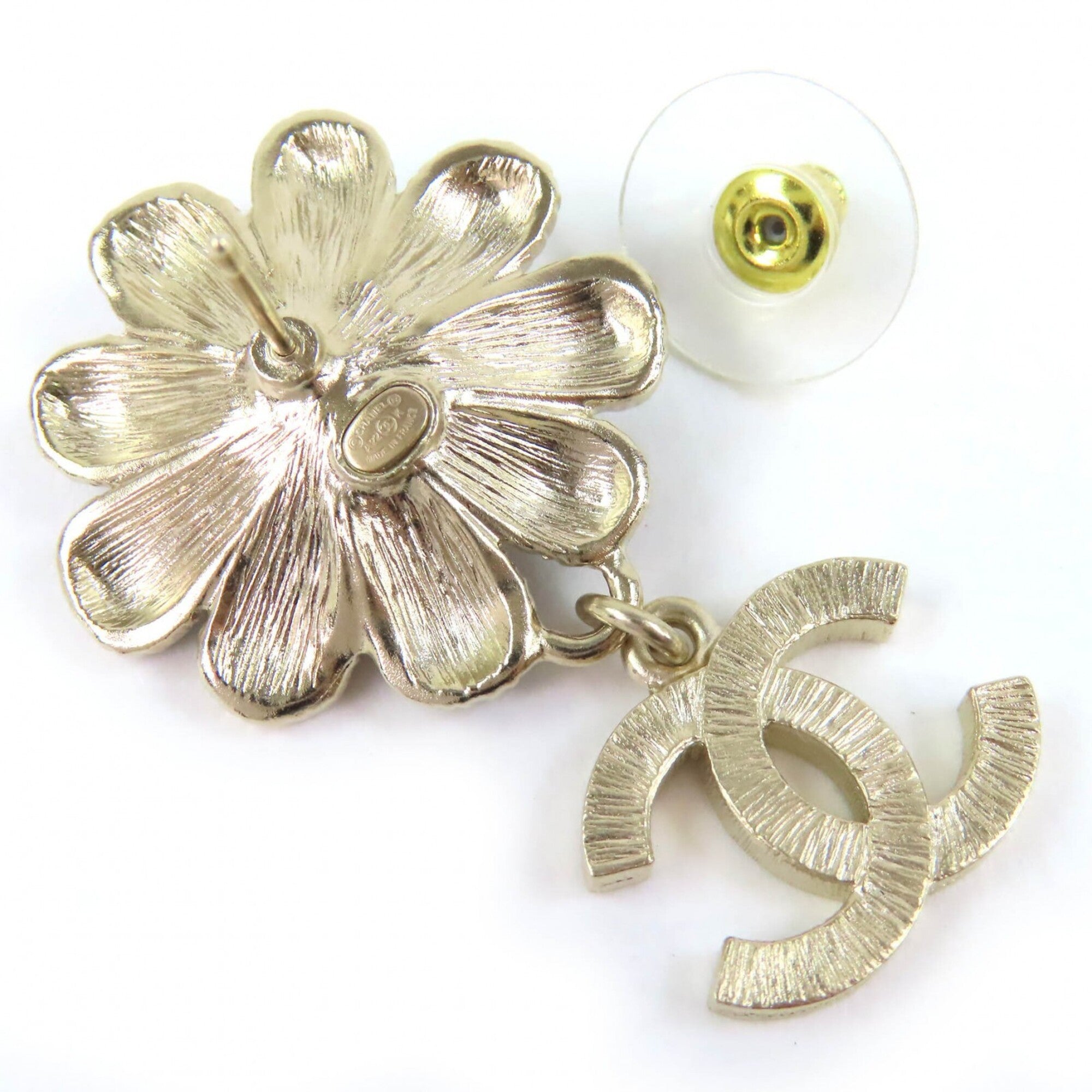 CHANEL A22K GP Coco Mark Flower Rhinestone Faux Pearl Swing Earrings (Pair) Gold Black Made in France Women's Stylish and Cute Recommended ◎ — Like New