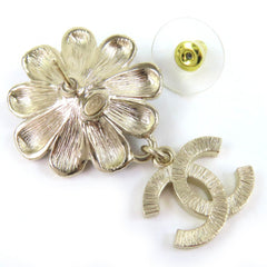 CHANEL A22K GP Coco Mark Flower Rhinestone Faux Pearl Swing Earrings (Pair) Gold Black Made in France Women's Stylish and Cute Recommended ◎ — Like New